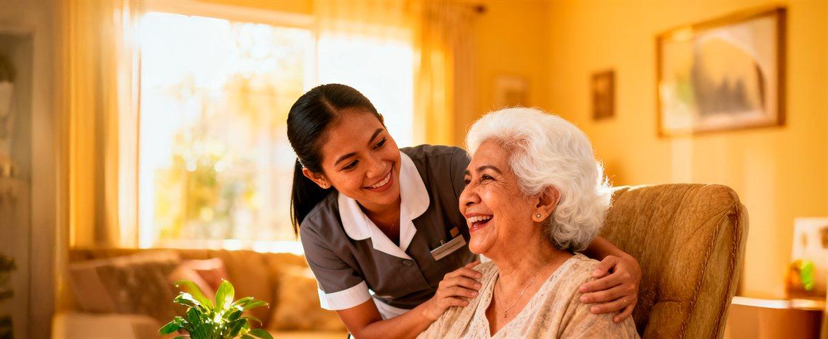 Cuidadora filipina profesional asistiendo a persona mayor con experiencia y cariño